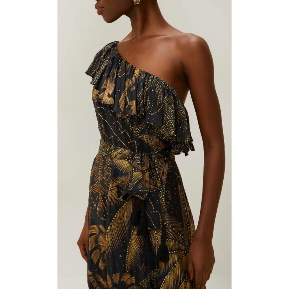 NWT Farm Rio Golden Foliage Black One Shoulder Maxi Dress Sz. XS - Picture 4 of 9